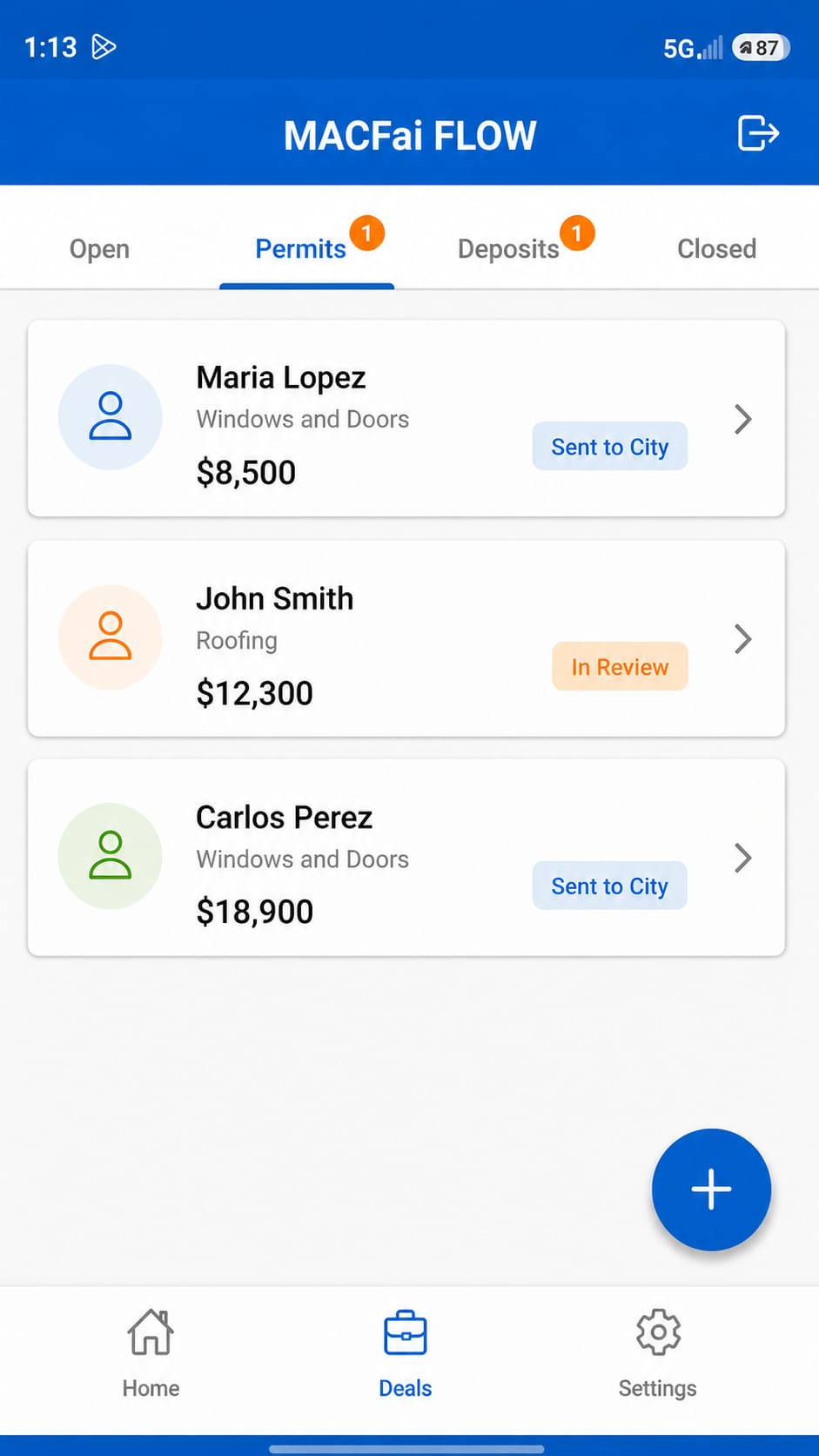 MACFai Flow screen showing customer workflow details.